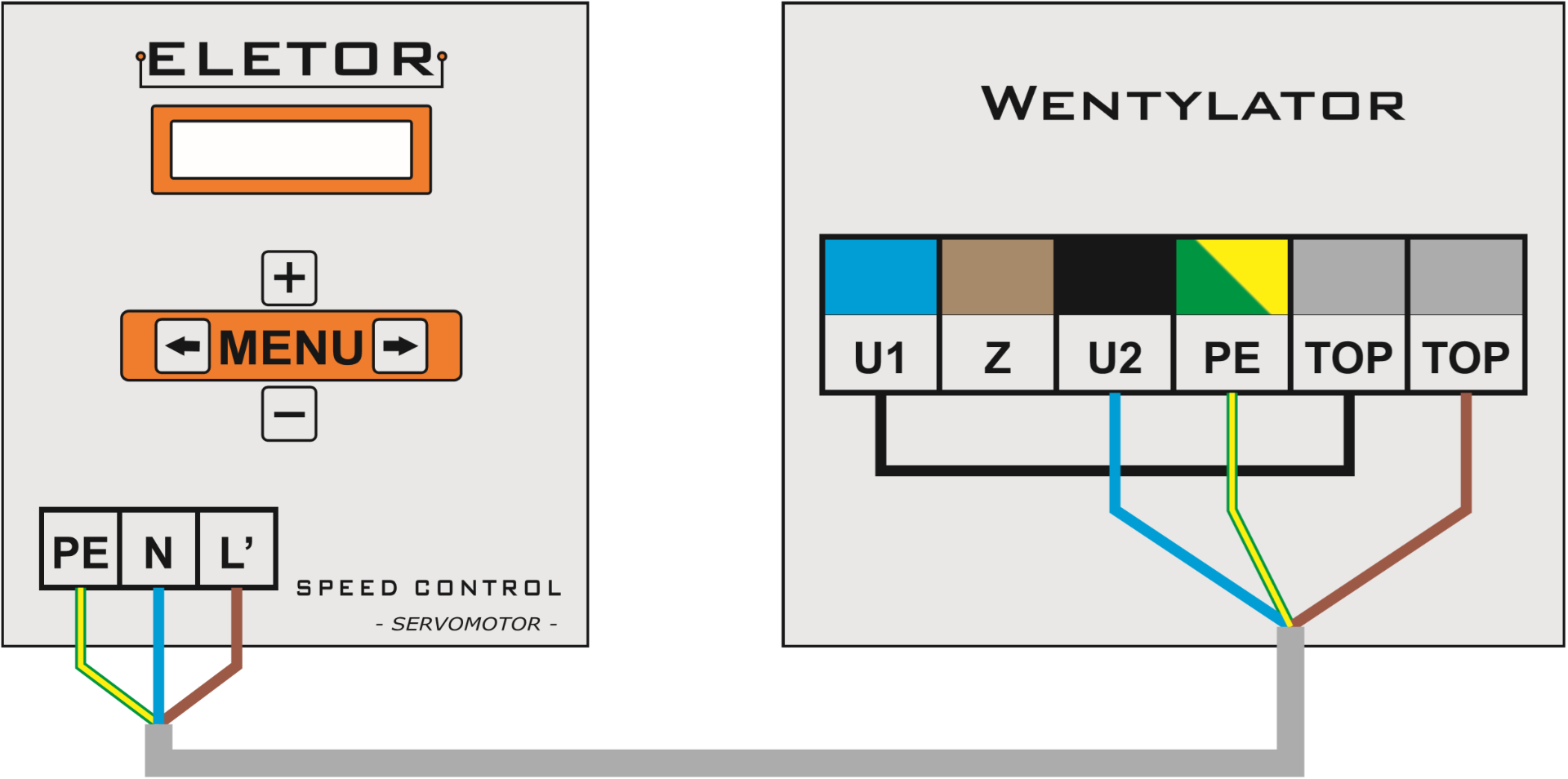 Schemat połączenia zabezpieczenia termicznego w wentylatorze kominowym oraz sterownika wentylacji z regulatorem obrotów